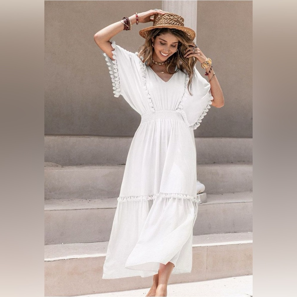 Russty Dustty Tassel Detail V Neck A-Line Maxi Dress